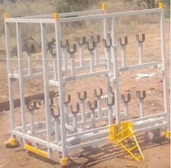 Steel component handling trolley for warehouse operations