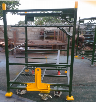 Steel component handling trolley for warehouse operations