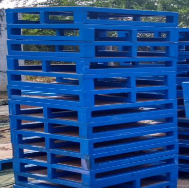 Blue powder-coated metal storage rack for industrial use
