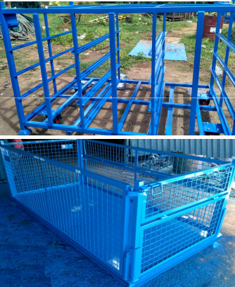 Powder-coated industrial cage trolley in blue finish